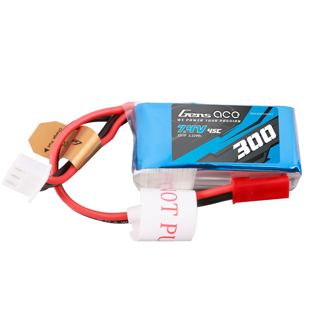 Gens Ace 300mAh 7.4V 45C 2S1P Lipo Battery Pack with JST-SYP Plug