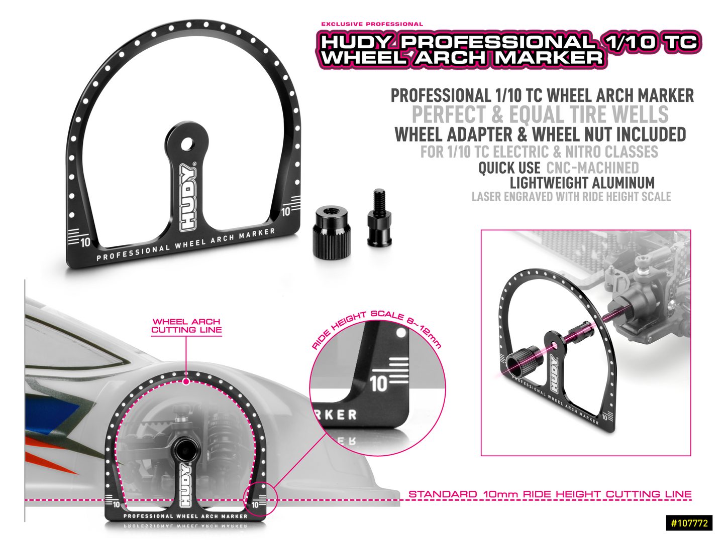 HUDY PROFESSIONAL 1/10 TC WHEEL ARCH MARKER + WHEEL ADAPTER & NUT