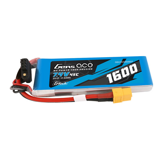 Gens Ace G-Tech 1600mAh 7.4V 45C 2S1P Lipo Battery Pack with XT60 Plug